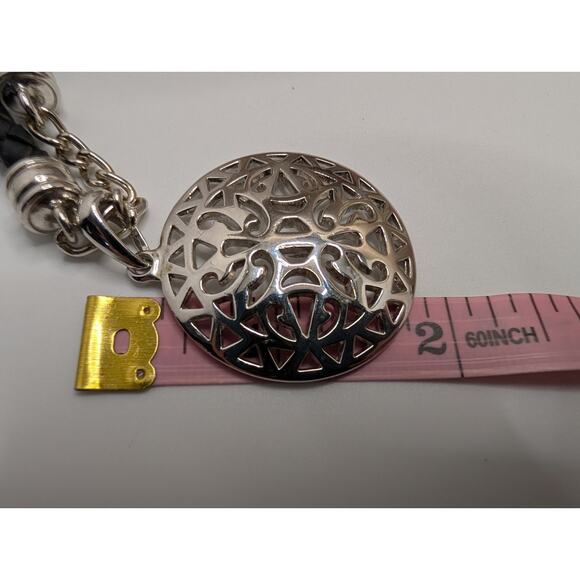 Premier Designs Black Braided Leather Necklace 7in Silver Tone Filigree Pendant - Picture 5 of 5